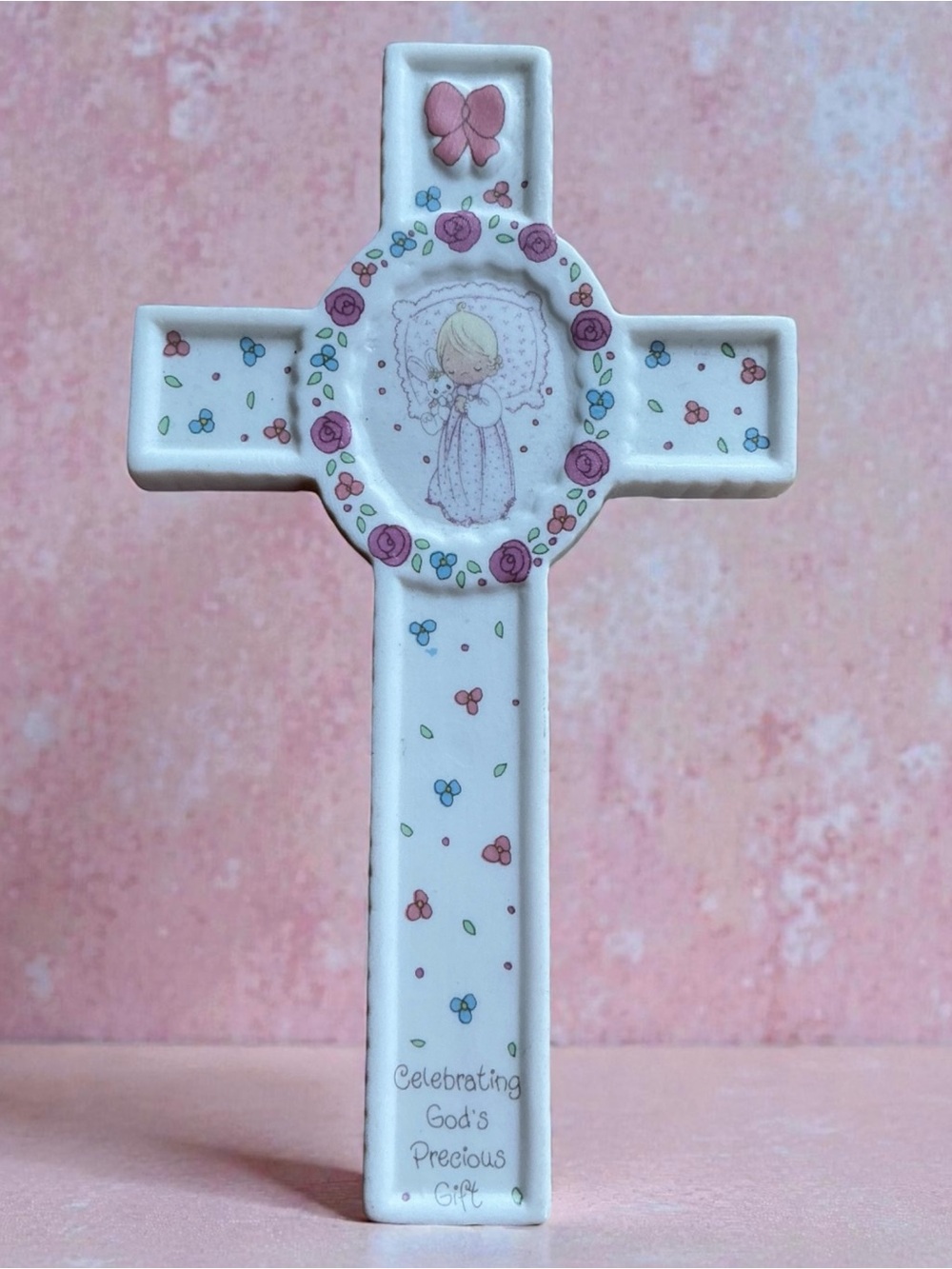 Precious Moments Pink and White Floral Ceramic Cross